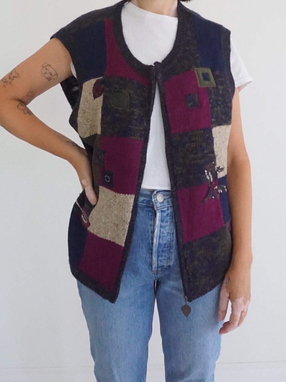 Vintage Monterey by Koret Navy Burgundy Patchwork Geometric Zip Wool Cardigan XL
